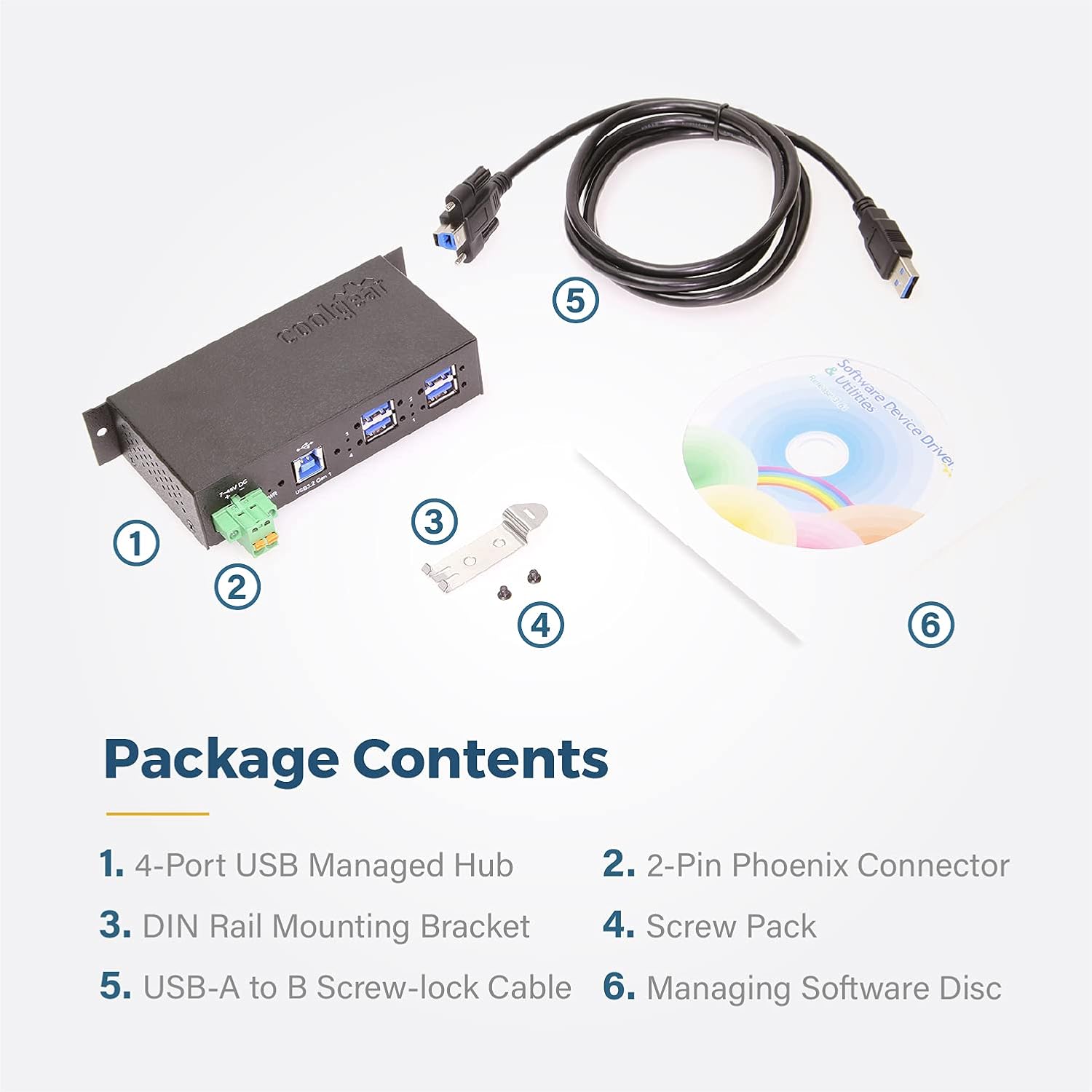 Coolgear 4 Port Managed USB 3.2 Gen 1 Hub with 15KV ESD Surge Protection and Individual Port Control for PCs