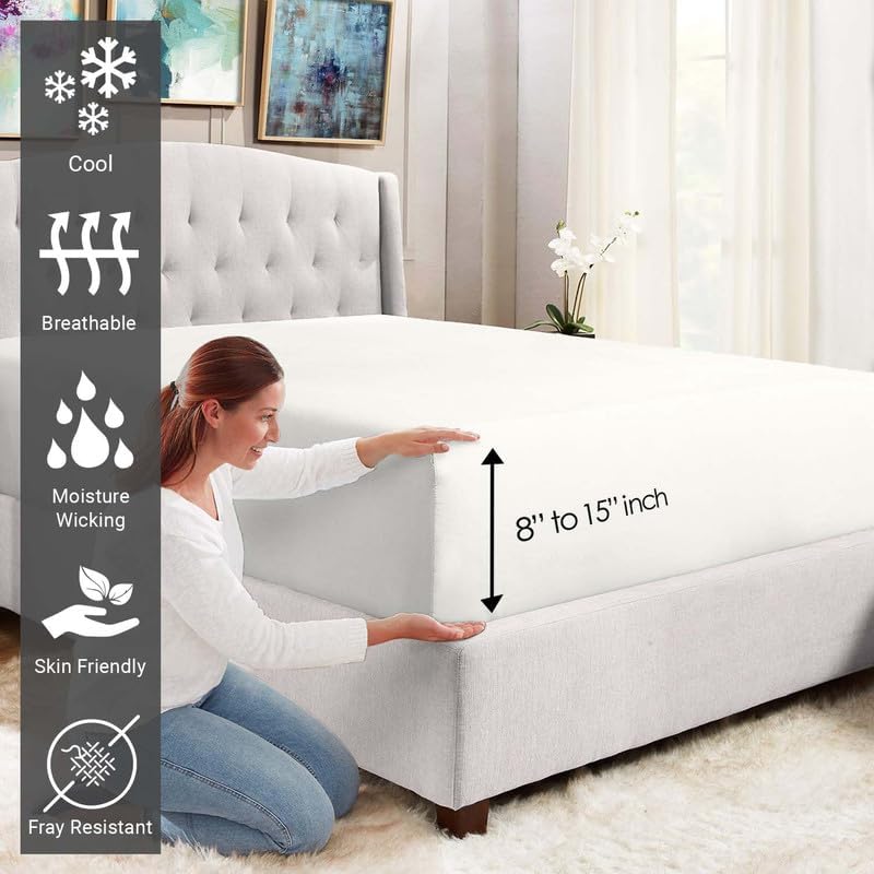 Miniatura 2 de Pizuna Sábana Bajera Ajustada 100% Algodón, Solo Sábana Bajera, Tamaño King, 400 Hilos, Algodón de Fibras Cortas Larga, Tejido de Sáten Lujoso,