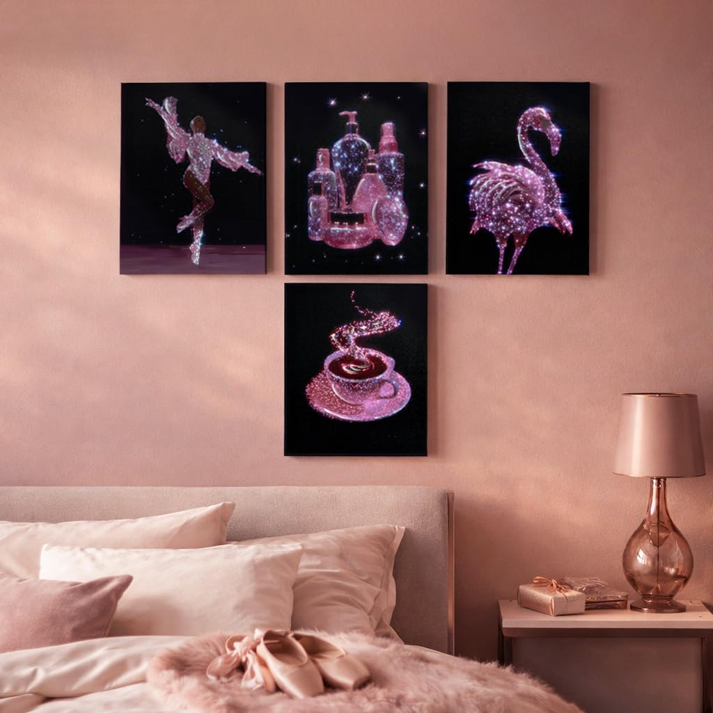 Artiluxy Set of 4 Sparkle Canvas Wall Art, 12x16 Inch Pink and Black Fashion Prints with Glowing Style Effect on Stretched Canvas