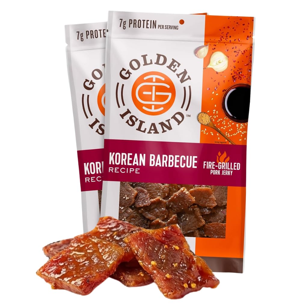 Golden Island Pork Jerky Korean BBQ Flavored, Specialty Meat Snack, Gluten Free with Korean Barbecue Seasoning, Bite Sized Sweet and Savory Protein Snack, 7g of Protein Per Serving, 9 Oz (2 Pack)
