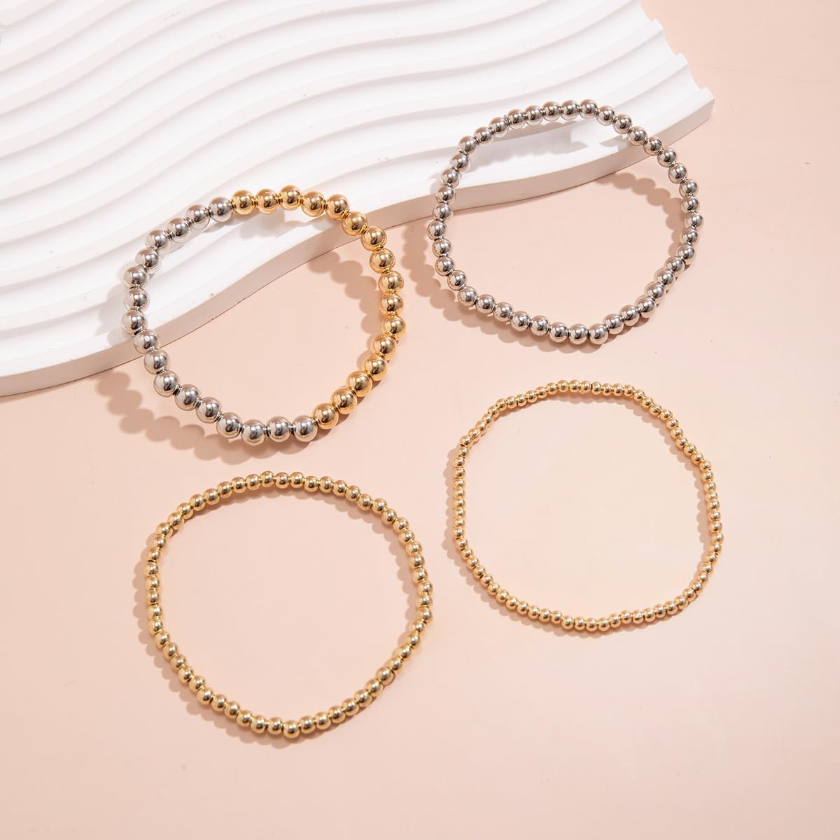 Jumwrit 4pcs Boho Golden Silver Beaded Bracelets Set for Women Dainty Stretch Elastic Stackable Round Ball Beads Layered Chain Bracelets Trendy Accessories - Image 5