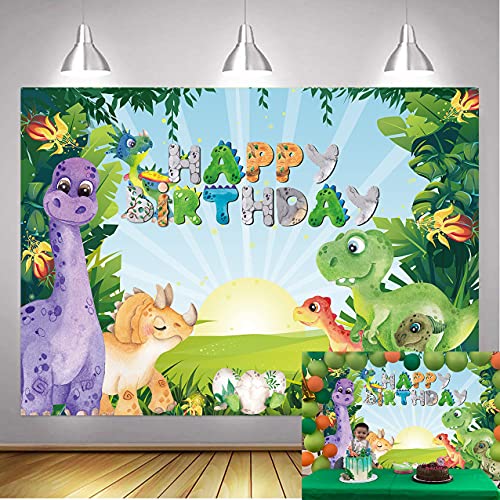 BINQOO 5x3FT Dessin animé Dinosaure Anniversaire Toile de Fond Jungle Dinosaure forêt Sauvage bébé Douche fête Photographie Fond Enfants Photomaton Accessoires de Studio Largeur 150 cm Hauteur 90 cm Cover