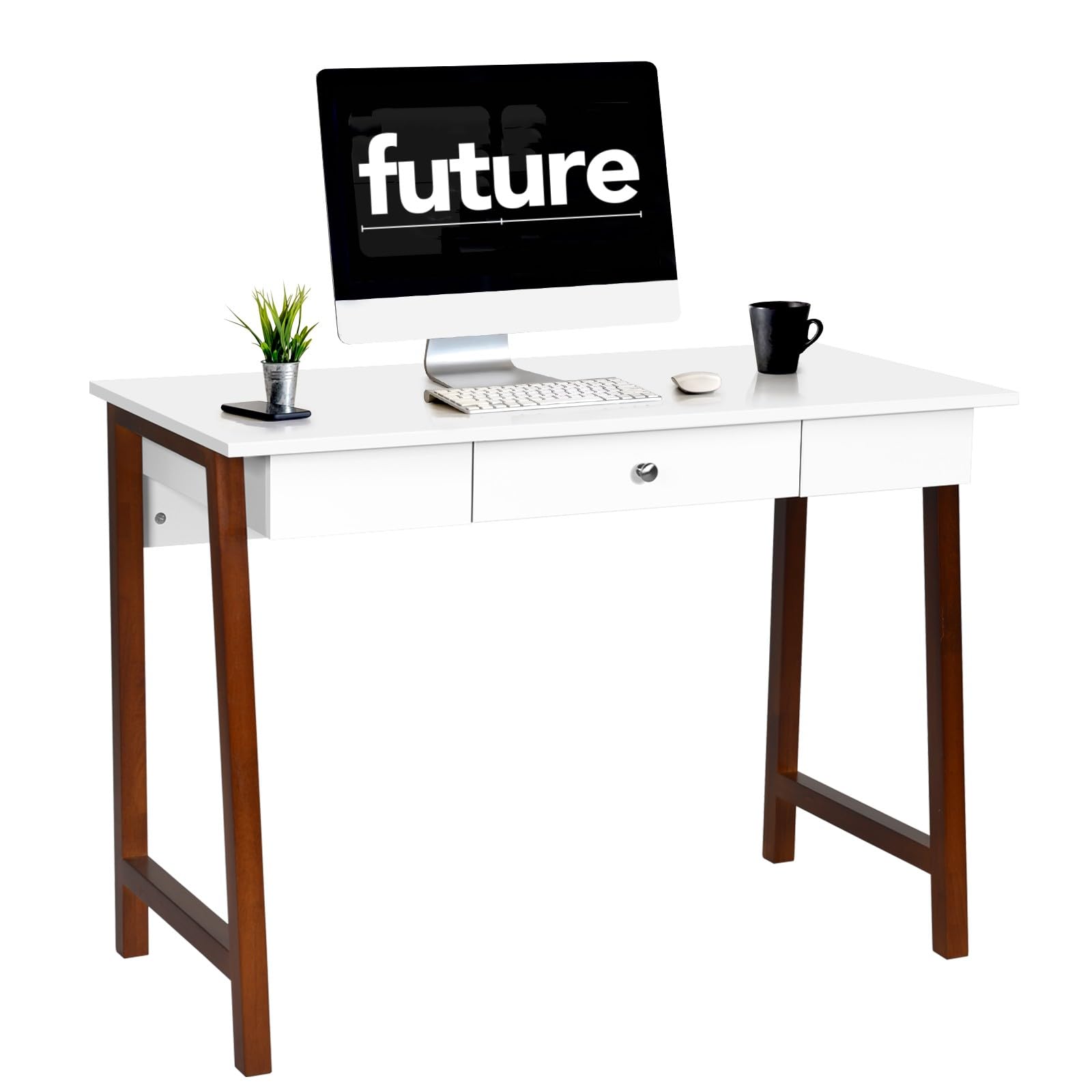 LIFEZEAL Scrivania con 1 Cassetto, Gambe in Legno Massello, Scrivania Ufficio Porta Computer, Salvaspazio, Compatto, Moderno, Scrittoio, Postazione di Lavoro, per Studio, Max 54kg, 106x50x75,5 cm
