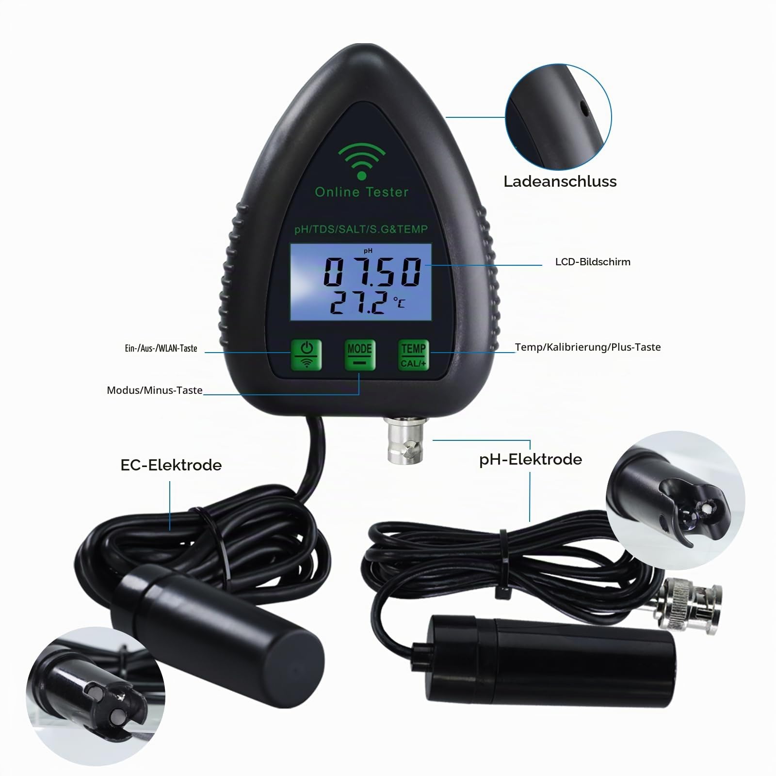 5-in-1 WiFi pH Monitor, Wassergüteprüfer, pH/S.G/TDS/Salz/Temperatur 24/7 Online-Hydroponiküberwachung mit Datenprotokollierung und Alarm für Aquarium, Fischteich, Salzwasserpool