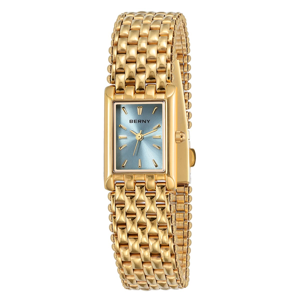 BERNY Reloj de Oro para Mujeres Reloj de Pulsera Rectangular Impermeable Reloj de Pulsera de Lujo Reloj Analógico de Cuarzo de Acero Inoxidable Dial de Rayos Solares Regalo de Cumpleaños