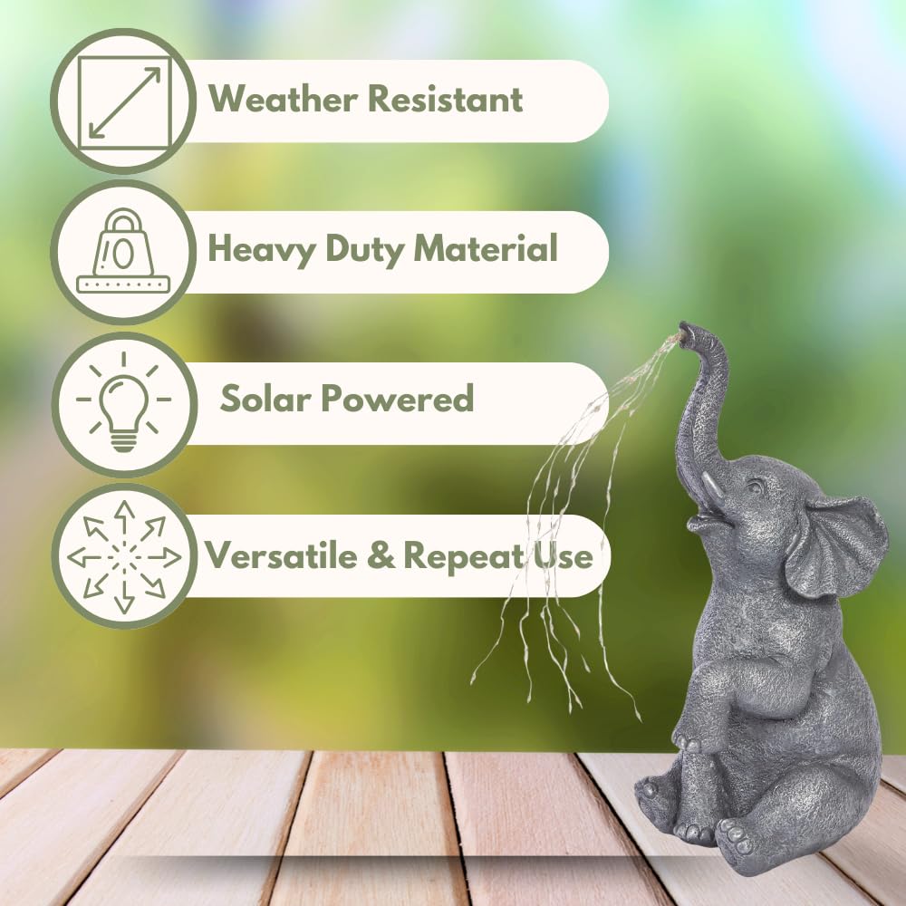 Garden Mile Estatua grande de elefante de jardín con cadena de luces solares – Al aire libre resistente a la intemperie, resina de riego de resina con luces LED solares para patio, balcón, regalo de