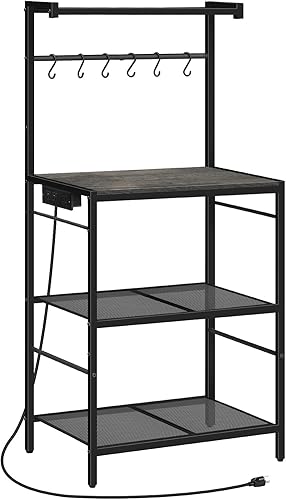 Miniatura 10 de Estante de panadería con toma de corriente, estante de almacenamiento de cocina con 6 ganchos, soporte para microondas con almacenamiento, estación