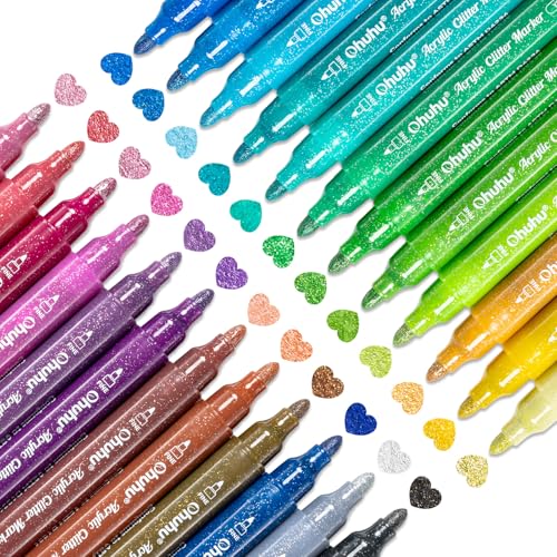 Ohuhu Acrylic Glitter Markers 24 Metallic Glitter Colors Fine Tip Paint Pens for Fine Details & Shimmer Accents Water-Based & Quick Dry for DIY Crafts Cards Journals Wood & Rock Medium Tip 3mm