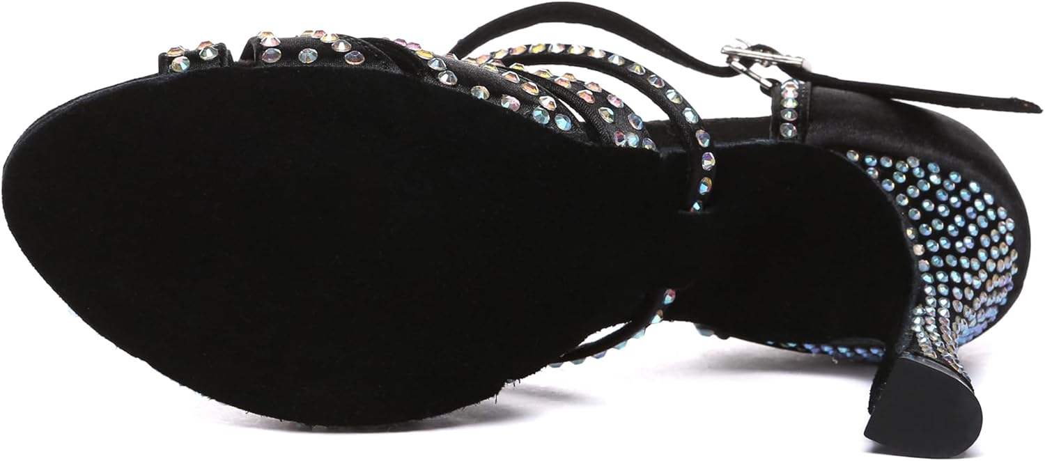 Womens Low High Heel Dance Shoes with Rhinestones Comfortable Wedding Evening Sandals Black 3.5" Heel US 8.5 - Image 4