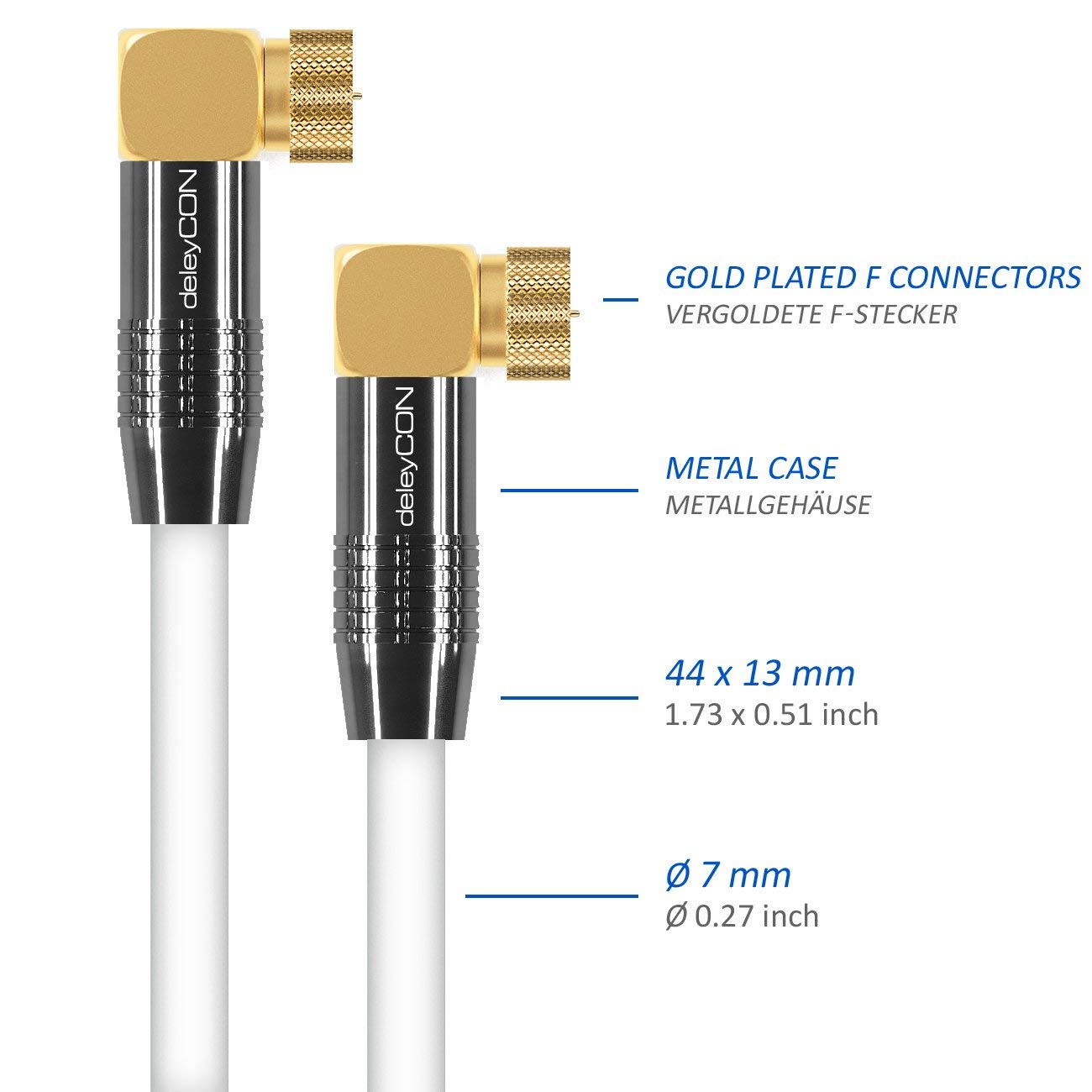 deleyCON 1m Cavo Antenna SAT HDTV Cavo Satellitare Cavo Coassiale 2x ad Angolo Connettore F (90° Gradi) al Connettore F (90° Gradi) - Connettore Metallico - Bianco