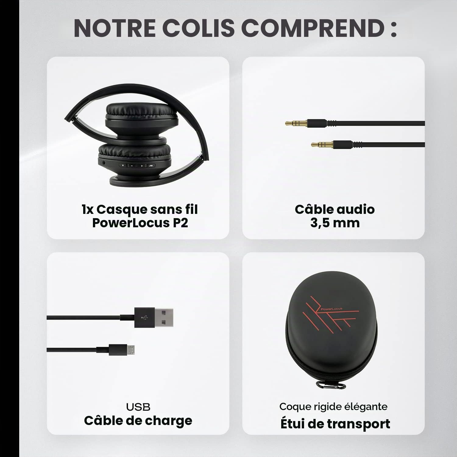 PowerLocus Casque Bluetooth Audio stéréo Pliable sans Fil et Filaire avec Micro intégré, Micro SD/TF, FM pour iPhone/Wiko/Samsung/iPad/PC (Noir)