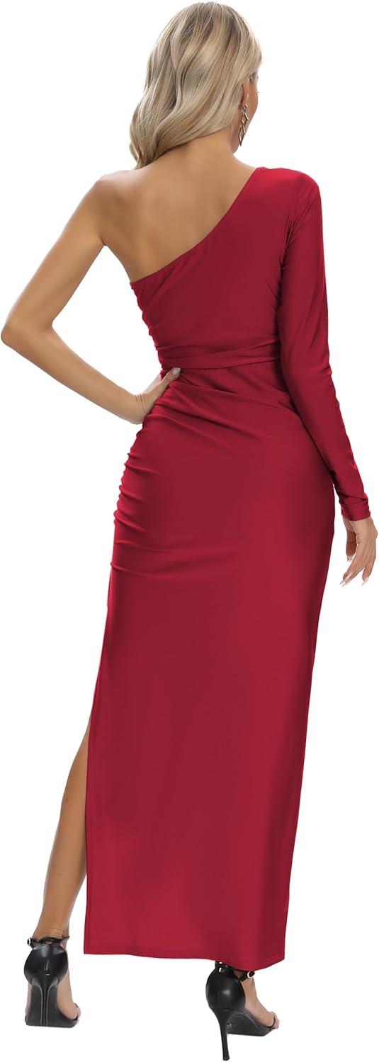 Aigeman Womens One Shoulder Long Sleeve Maxi Dress Bodycon Ruched Split Thigh Formal Dress 218 - Image 6