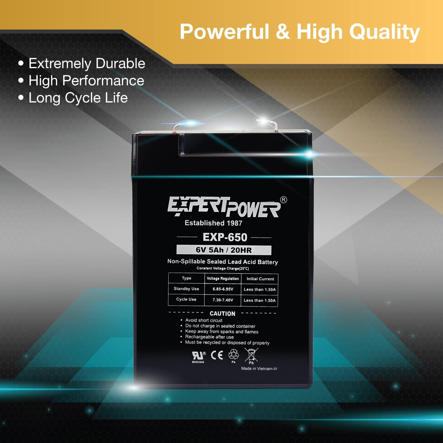 ExpertPower EXP650 (2 Pack) - 6V 5Ah / 20HR SLA Rechargeable 6V Battery for Ride on Toys, Emergency Light, Exit Sign Battery Replacement, Sealed Lead Acid 6 Volt Batteries with F1 Terminals