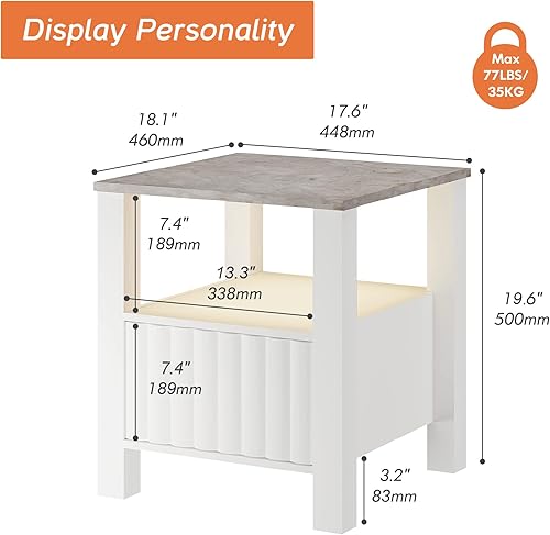 Miniatura 3 de Juego de 2 mesas auxiliares con luz LED, mesas auxiliares pequeñas con mesa de mármol sintético y armario de almacenamiento, mesita de noche moderna
