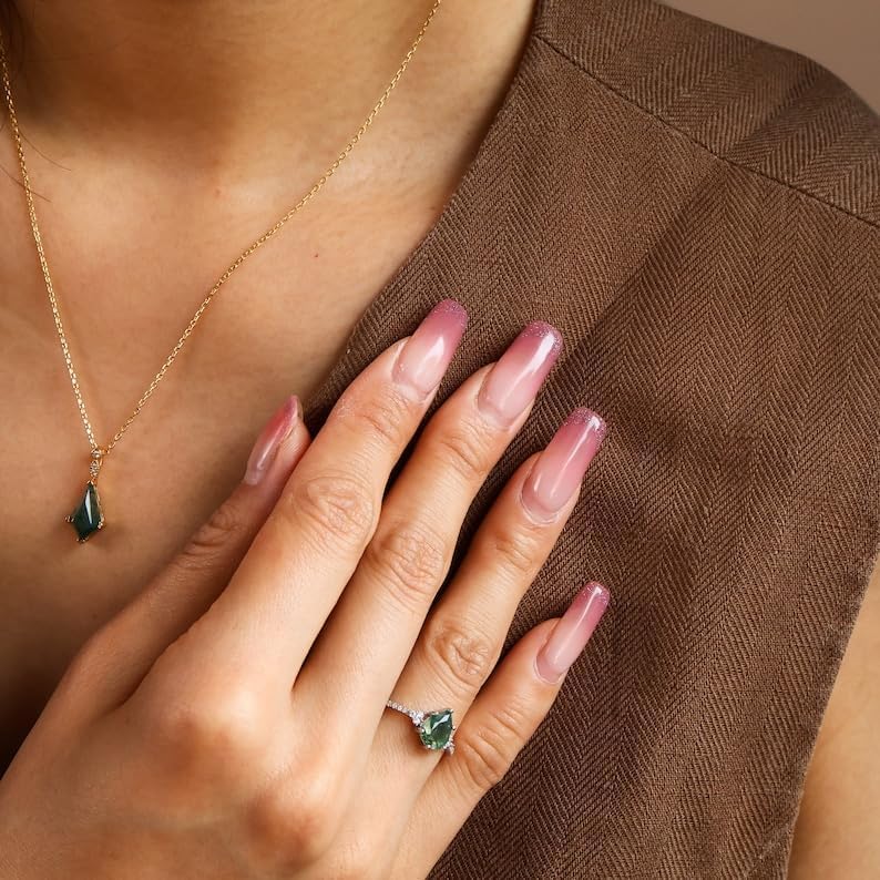 Moss Agate Ring Sterling silver, Pear Moss Agate Vintage Ring Promise Engagement Ring, Anniversary Birthday Gifts for Her