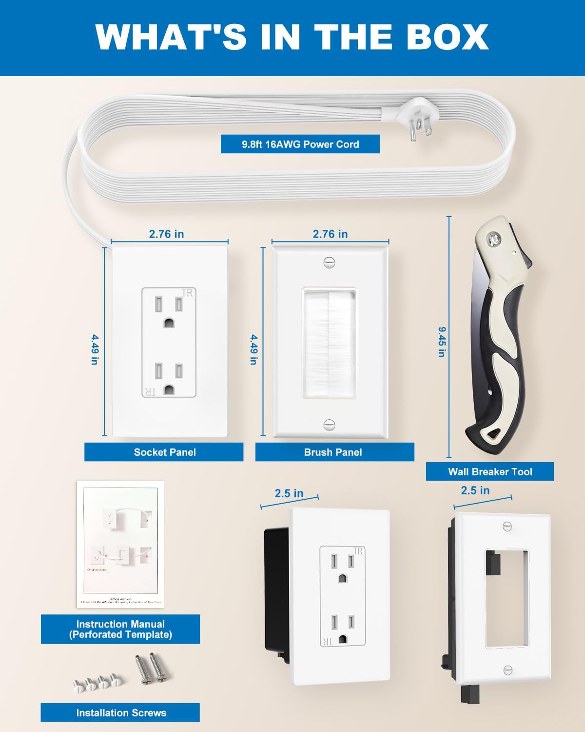 in-Wall Cable Management Kit with Recessed Outlet Box, Dual Outlet Extender for Wall Mount TV, 9.8ft Extension Cord, Easy Install w/Drywall Saw, UL Listed, TR Safe Outlet Relocation Kit