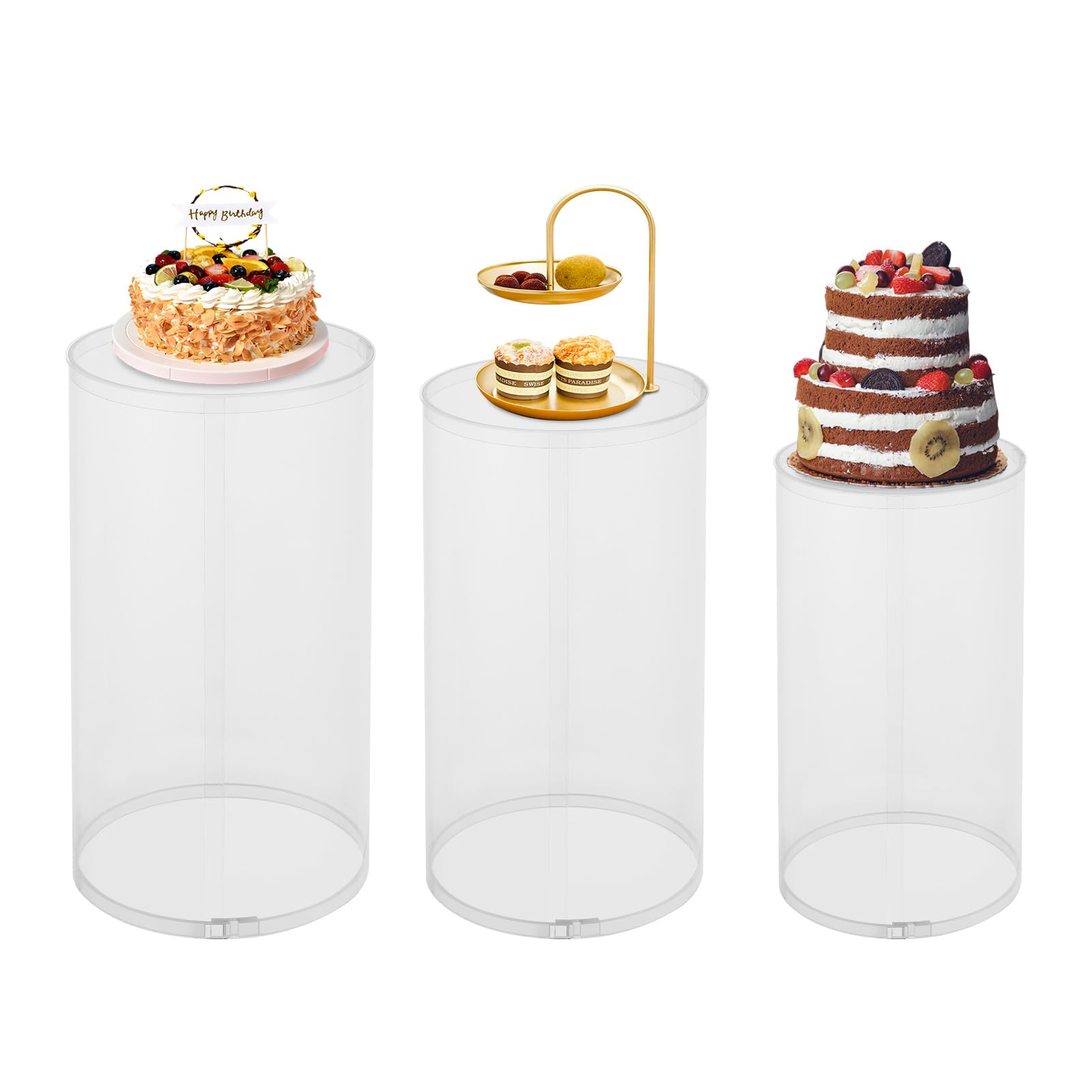 3 soportes cilíndricos redondos para flores, velas, tartas de postre, soporte para columnas de mesa para bodas, fiestas, 60 x 33 cm, 55 x 30 cm, 50 x 26 cm, hasta 33 kg (transparente)