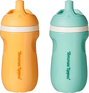 Tommee Tippee Insulated 9oz Sporty Spout Toddler Water Bottle, No Spill, Sippy Cups for Toddlers 1-3, Two-Piece Valve Helps Stop Spills, Light Blue & Orange, BPA Free, Pack of 2