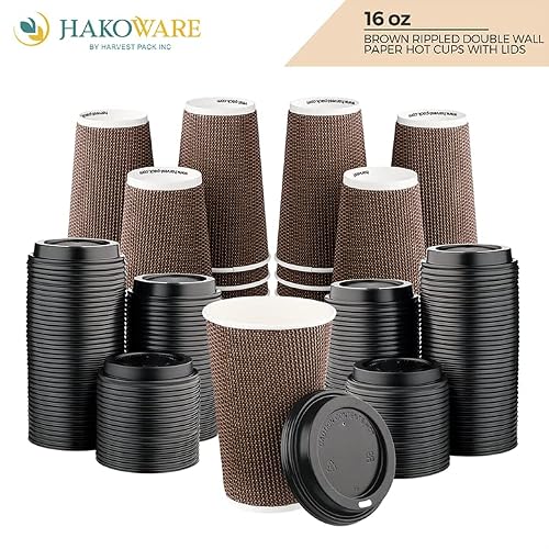 Harvest Pack GOURMET SHOWCASE [340 COUNT] HAKOWARE 16 oz Disposable Coffee Cups, Insulated Ripple Double-Walled Paper Cup with Lid, Brown Geometric, Tea Hot Chocolate Drinks Togo - Thumbnail 3