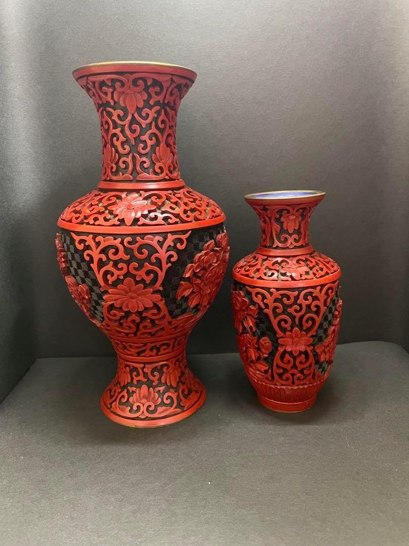 堆朱の彫刻花瓶 /中国骨董 中国美術工芸品 骨董品 堆朱 龍 竜 花