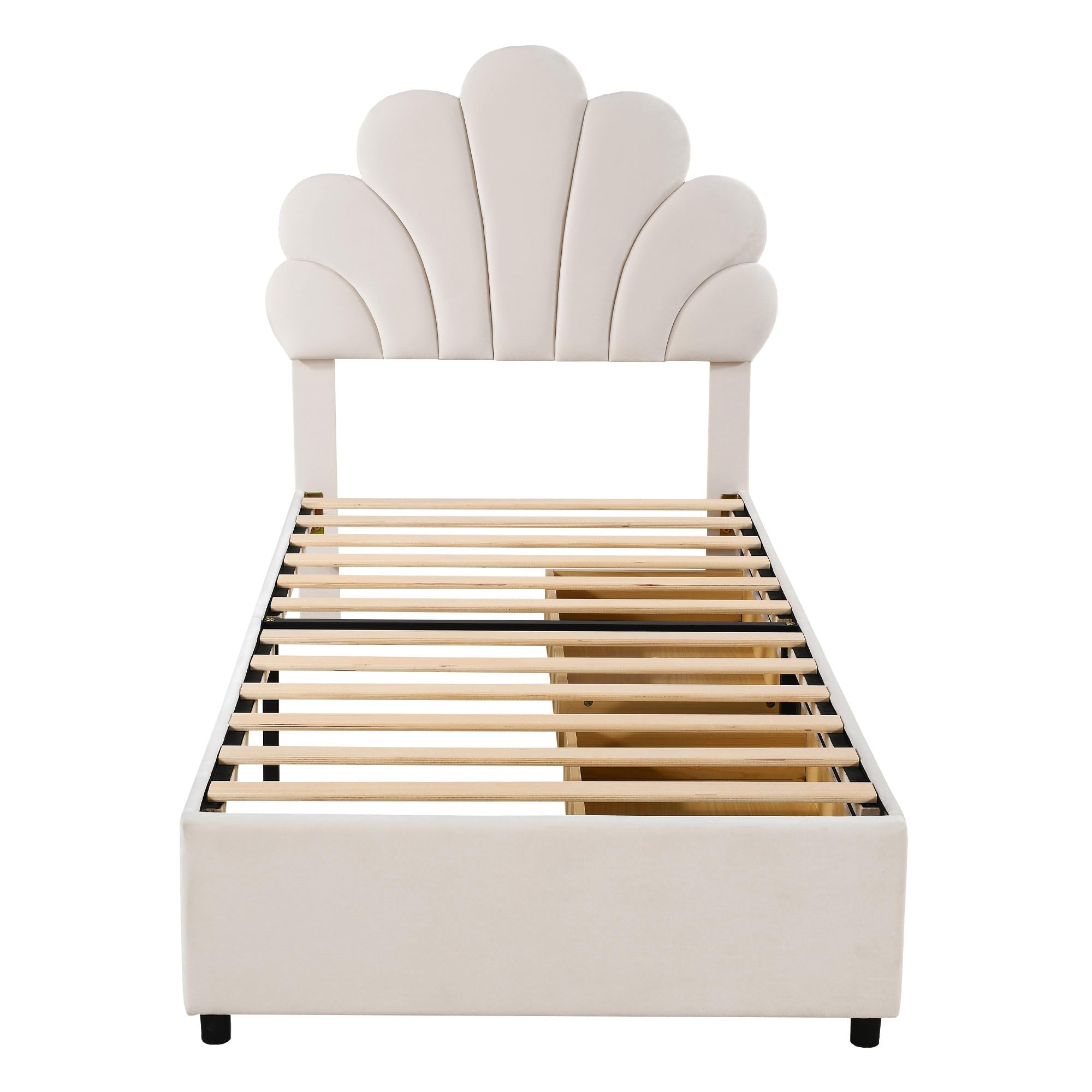Dolamaní Jugendbett Mädchen Bett 90x200 cm, Höhenverstellbarem Kopfteil-geblümtem, Lattenrost Holz, 2 Schubladen mit Rollen, Polsterbett Sam Beige