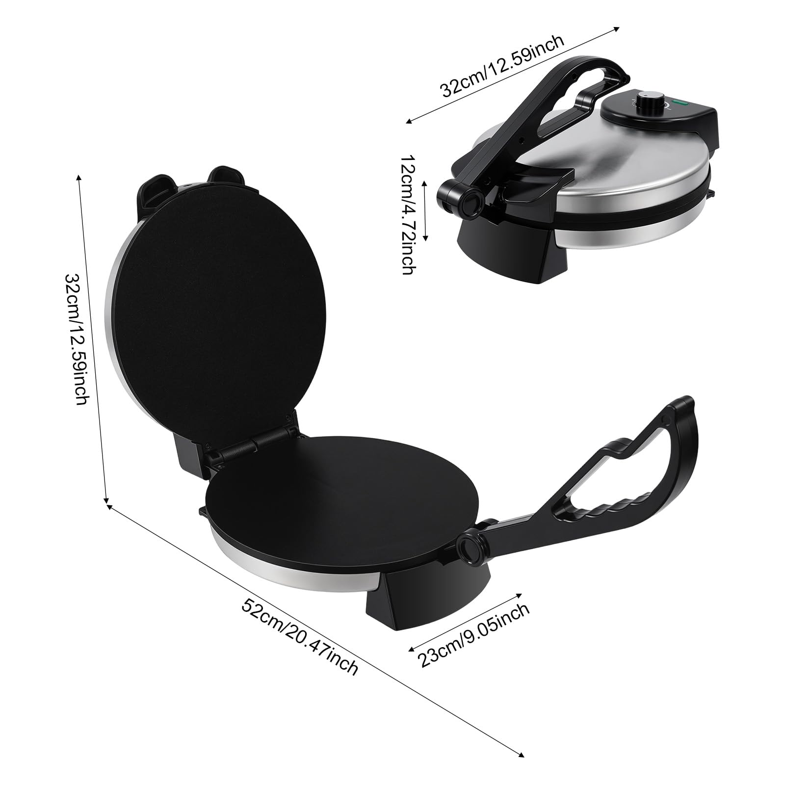 1800W Elektrische Roti Maker Tortilla Chapati Presse, 32cm Doppelseitige Heizung, Antihaftbeschichtung Temperatur Einstellbar, Edelstahl Multifunktionsgerät für Pizza Omelett Tacos Quesadilla