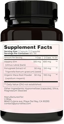 Miniatura 7 de V Bliss Slippery Babe  Maca orgánica  Olmo resbaladizo  Humedad vaginal, 60 cápsulas
