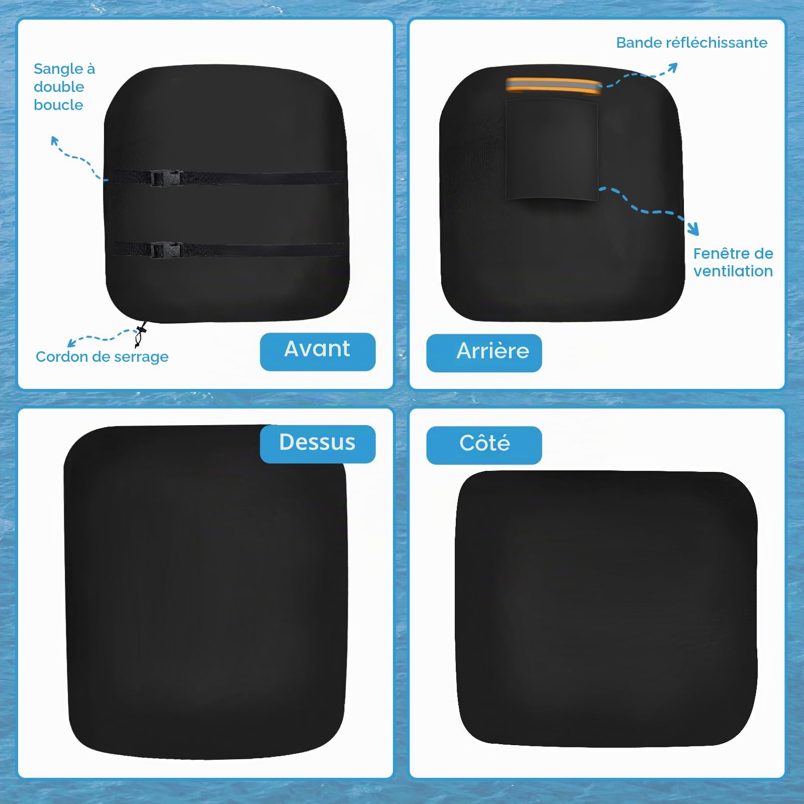 Demi-Couverture de Moteur Hors-Bord de Bateau, Housse de Protection pour Hors-Bord en 600D Oxford Imperméable avec 1 Bande Réfléchissante, 2 Coupe-Vent Boucle et Cordon de Traction Jusqu'à 60-100 HP