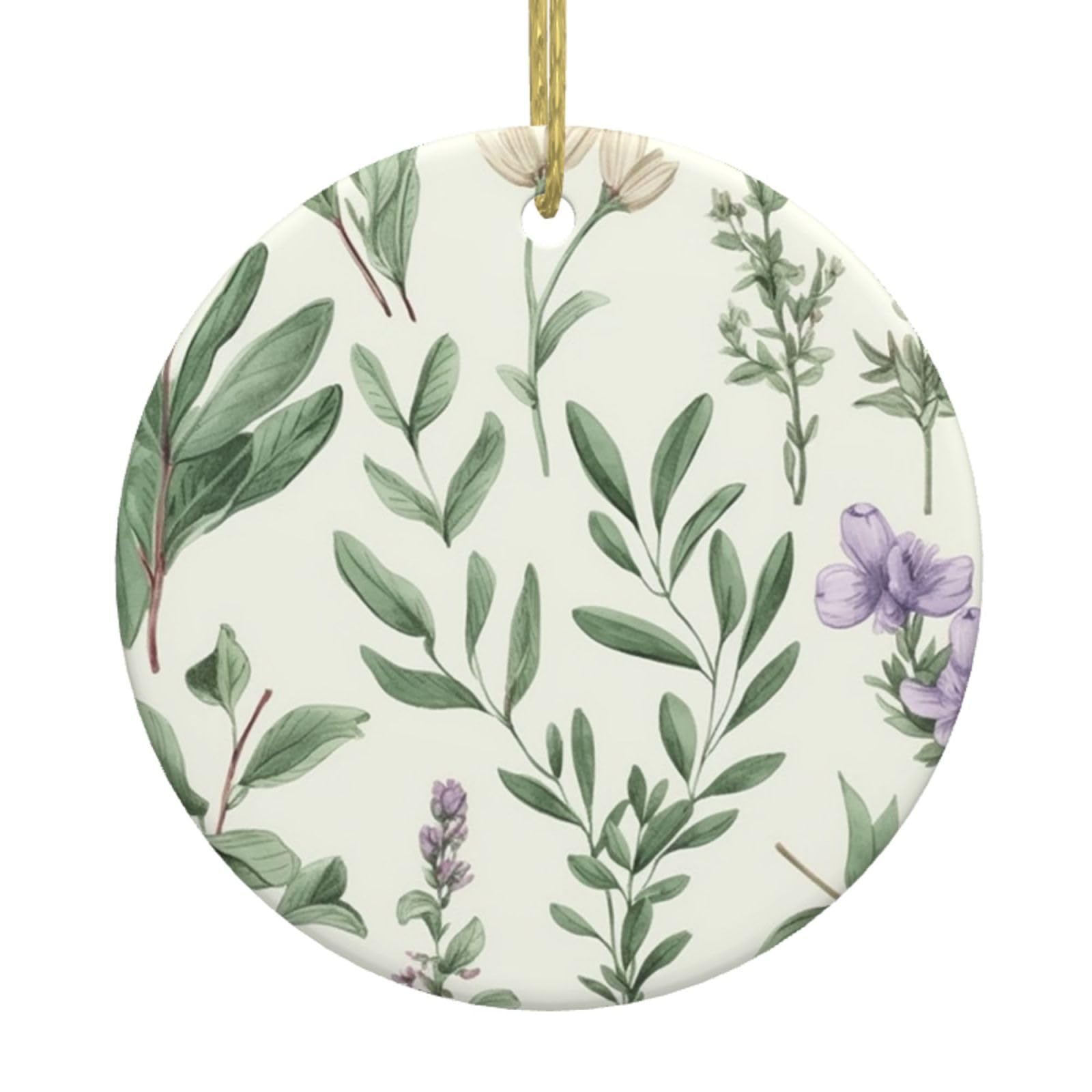 Fodpand Women's White Green Flower Herb Sage Leaves And Branches Christmas Ornaments 2025, Gift Exchange For Men, Collectible Ceramic Ornament Round Hanging Ornaments For Christmas Tree Decoration