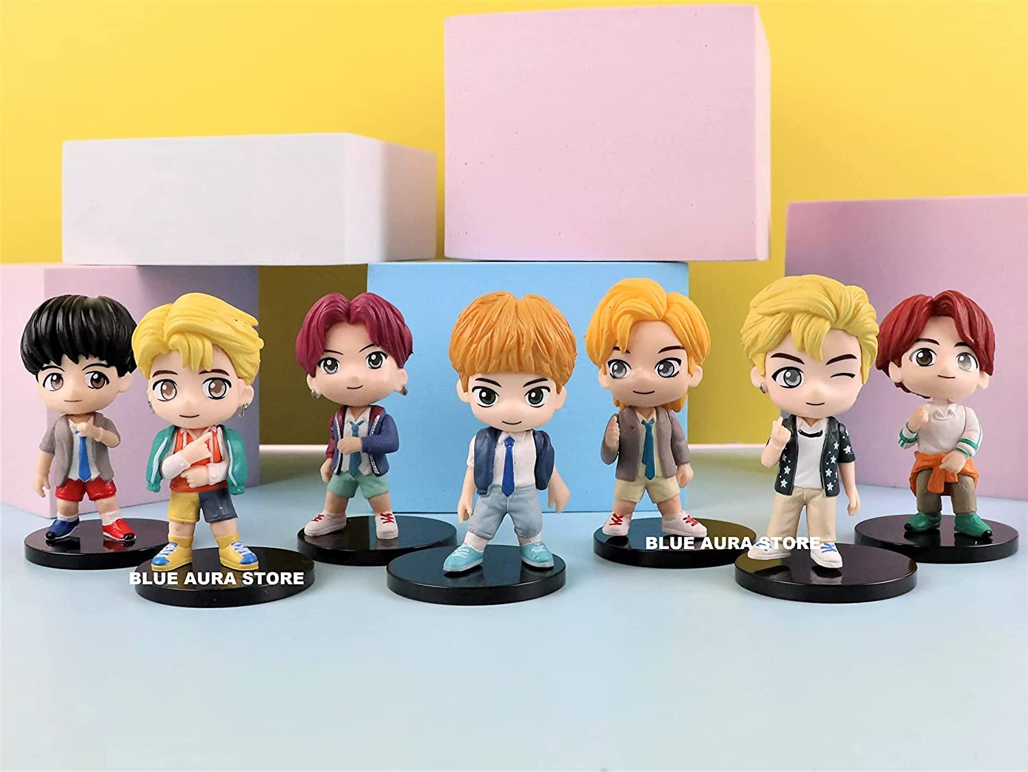 Blue Aura BTS BT21 Set of 7 Action Toy Figure and Cake Topper Collectible Height - 8 CM Multi Color NOT for Kids (Standing Shorts)