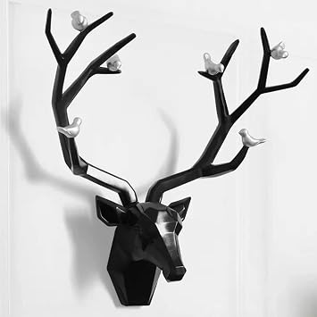 Resin Deer Head Wall Art Sculpture,Faux Rustic Wall Mounted Deer Head Wall Decor,Geometric Deer Head with Detachable Antlers for Office Bar Holiday Home Animal Decor51x52cm20.1x20.4, Black