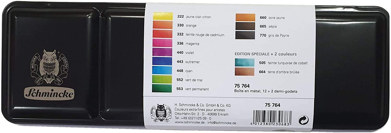 Schmincke Akademie Aquarell Malkasten, Metallkasten, 14 x 1/2 mit synthetic brush voyage Näpfchen