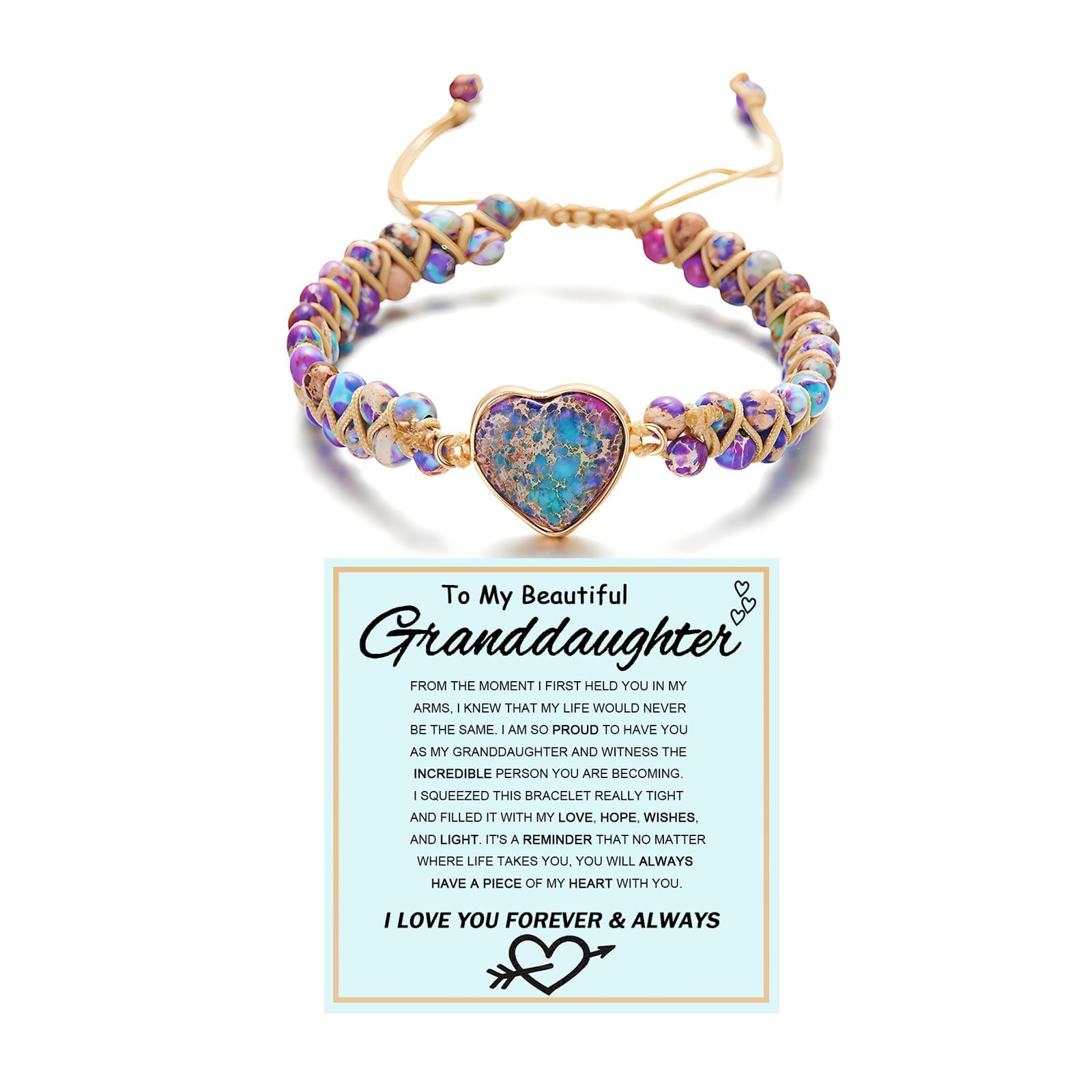 To My Granddaughter-Infinity Forever Love Heart Bracelet, Natural Emperor Stone Double Layer Purple Beaded Woven Wrap Bracelets Adjustable Mind Peace Gift Jewelry