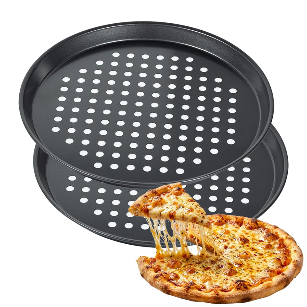 2 Pack Round Pizza Pan with Holes, Carbon Steel, 10 Inch