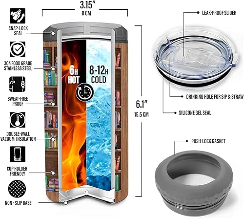 Miniatura 5 de SANDJEST Vaso para Amantes de los Libros Estante 4 en 1 Vaso de 12 oz Enfriador de Lata Coozie Vaso delgado de acero inoxidable Regalo para