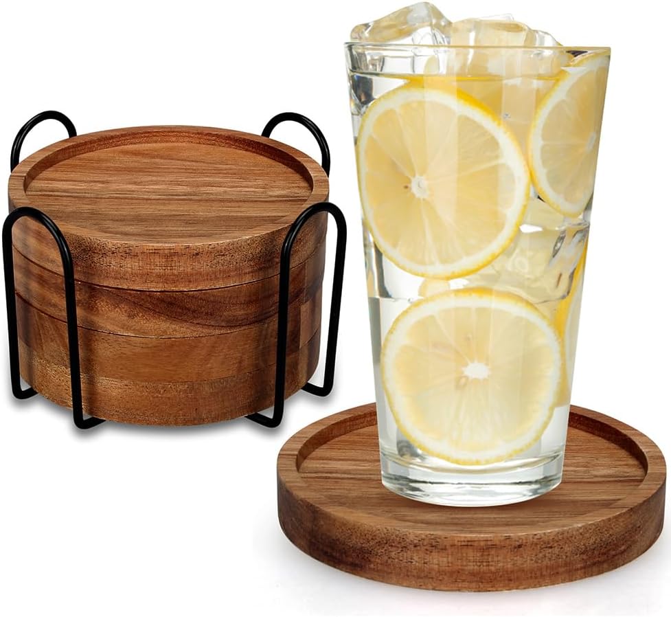 4 Pcs Farmhouse Wooden Coasters with Holder Cute Wood Drink Coaster Set Outdoor Beer Costers Home Decoration Coffee Table Decor Gift Cup Coaster Bar Kitchen Dining Table Accessories Modern Coasters