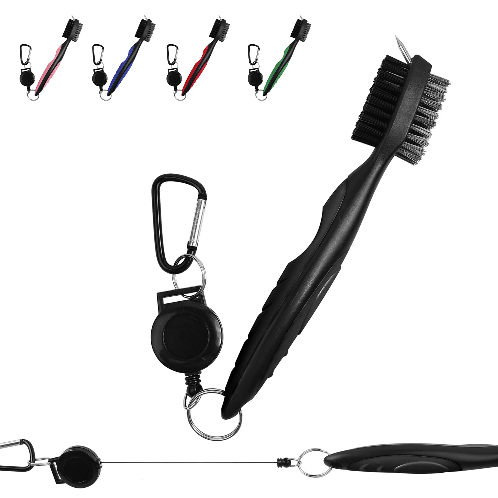 FUZVOL Golf Club Brush Groove Cleaner and Golf Groove Cleaning Brush with Retractable Clip(2 Ft), Ergonomic Design Golf Accessories and Golf Gifts for Men Black