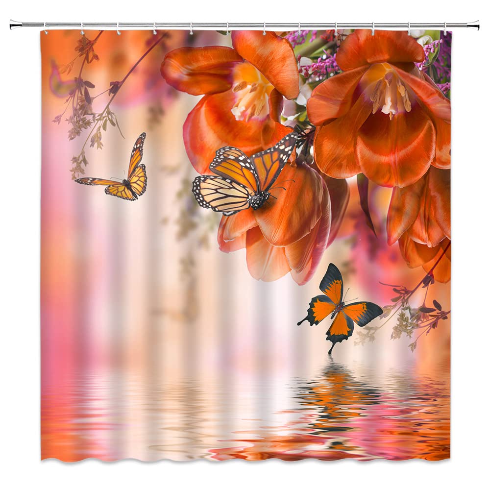 Amazon.com: Flower Butterfly Shower Curtain Orange Floral Butterflies  Fantasy Dream Spring Blossom Plant Beautiful Wings Animal Calla Lily Tulip  Garden Nature Scenery Botanical Decor Bathroom Curtain with Hook : Home &  Kitchen