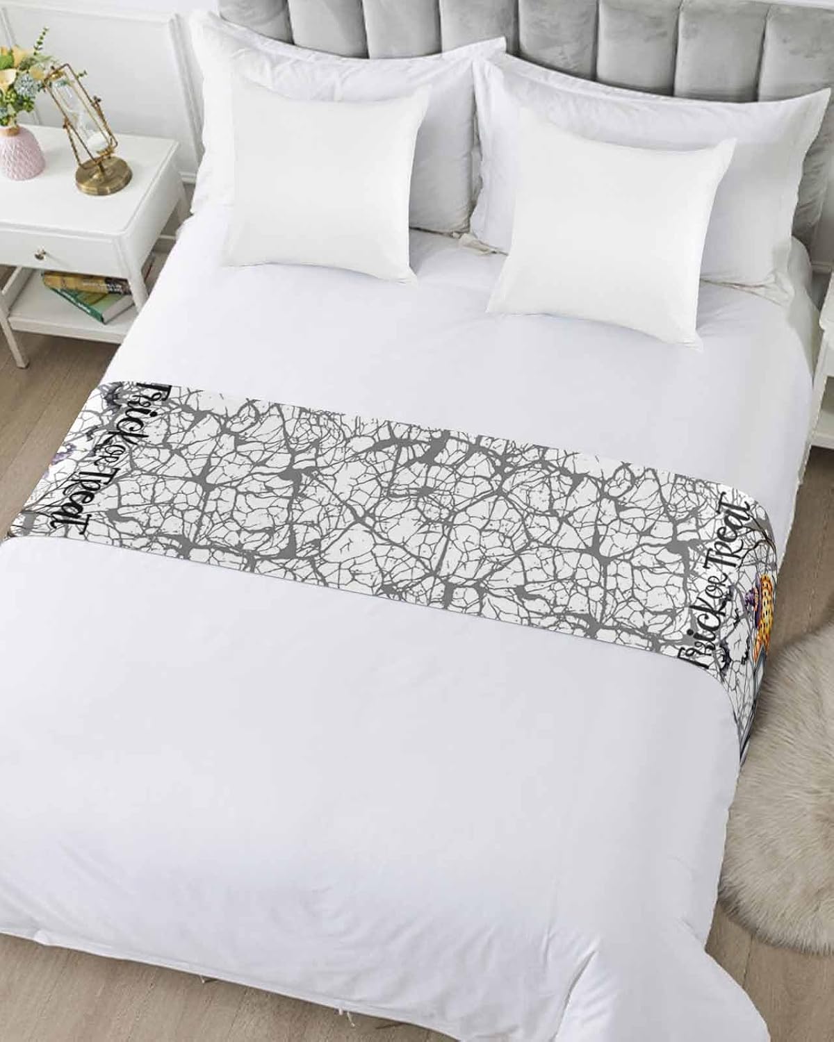 Halloween Bed Runner Scarf Full Queen Size, Horror Pumpkin Grey Truck Branches Cobweb Luxury Bed Throw Runners & Scarves for Twin Full Queen King Foot of Bed, Bedroom Hotel Decoration, 83"x20"