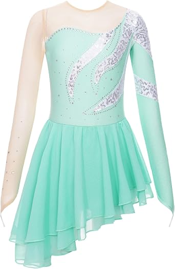 Loyan Kids Girls Sequin Long Sleeve Figure Ice Roller Skating Dress Rhinestone Dance Competition Costume