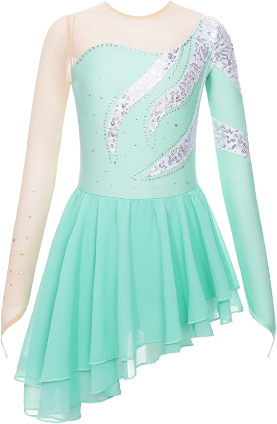 Loyan Kids Girls Sequin Long Sleeve Figure Ice Roller Skating Dress Rhinestone Dance Competition Costume