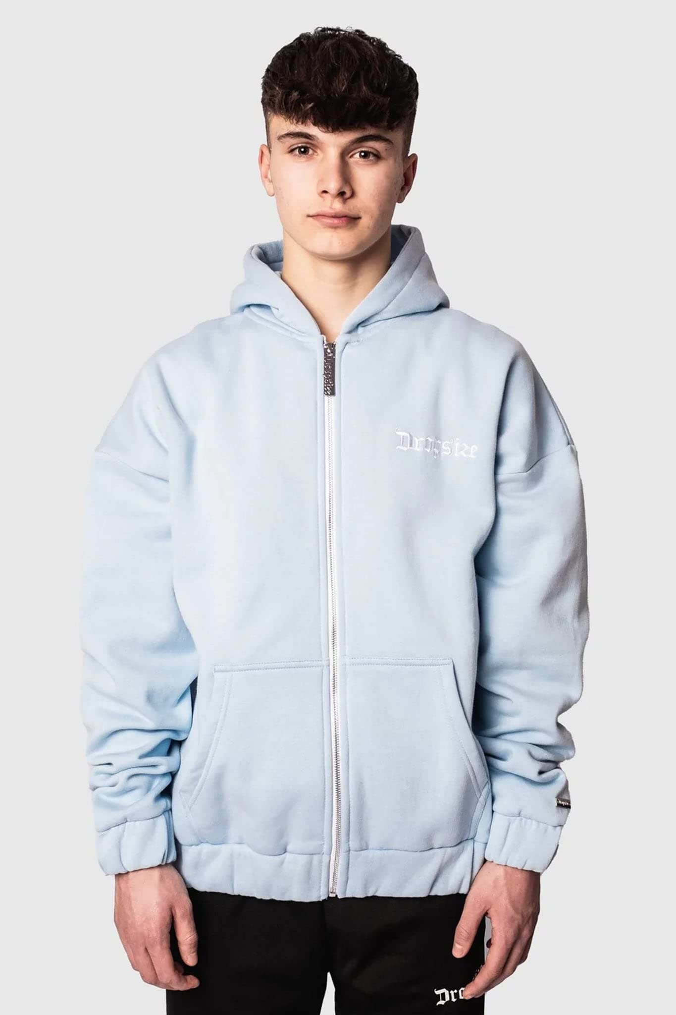 Dropsize Super Heavy Oversize BLANK Zip Baby Blue, Urban Streetwear Oversize Zipper, 360 GSM Cotone, con cappuccio