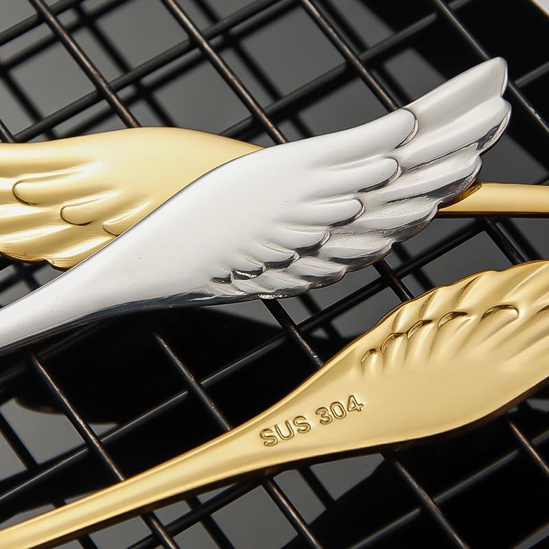 Silverware Set, 1/4/6/8pcs Creative 304 Stainless Steel Wing Handle Spoon Household Spoon Fruit Dessert Fork Stirring Spoon, Home Cutlery Flatware Set(Black Gold,8 Pieces)