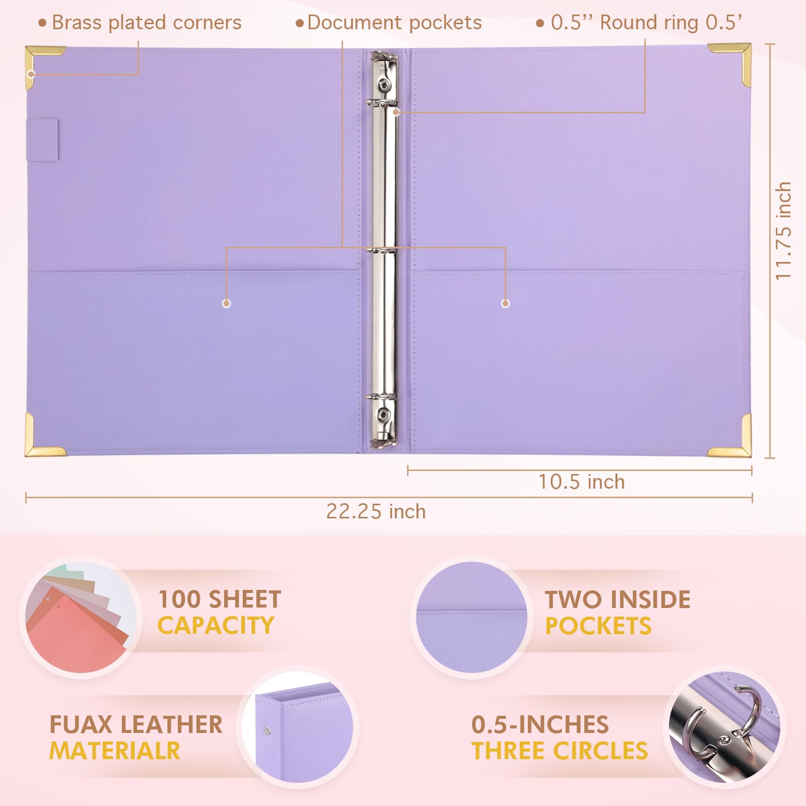 Ctosree Lot de 4 classeurs à 3 anneaux de 1,3 cm avec poches, pour format lettre de 27,9 x 21,6 cm, capacité de 100 feuilles, classeur à anneaux ronds en laiton pour bureau, maison, école