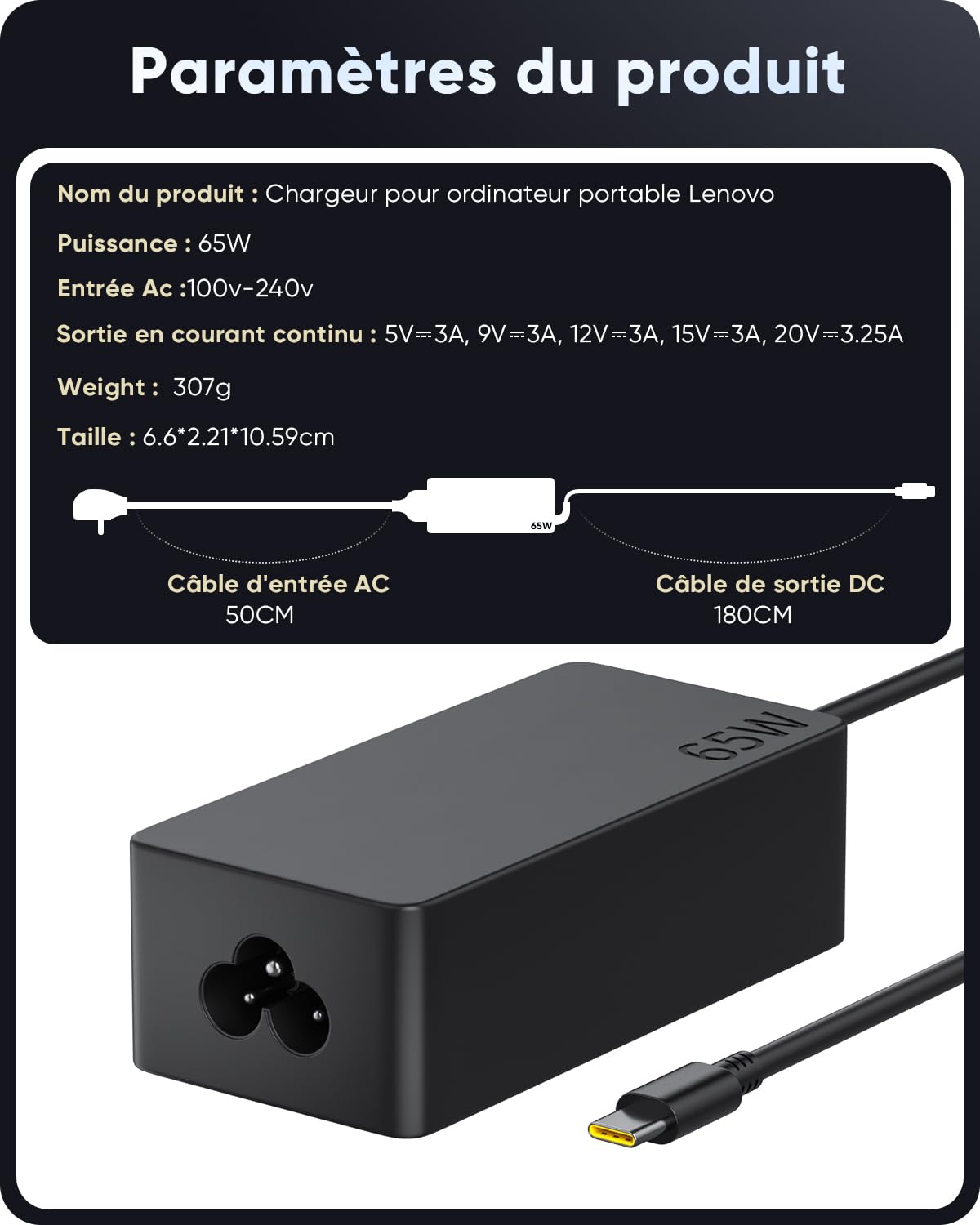 Chargeur 65W USB C Alimentation pour Lenovo ThinkPad X1 Carbon T14 T15 E14 E15 X13 L13 L14 L15 T480 T480s T490 T580 T590 E480 E490 E580 E590 X280 X380 L380 Yoga 720 730 C740 C940 910 Type C Adaptateur