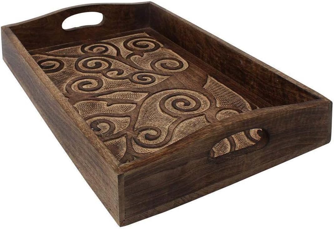 Wooden Serving Tray with Tree Carving, Antique Coffee Table Decor, Elegant Design for Home, Kitchen, or Dining Room, Durable and Stylish Accent Piece for Entertaining Guests