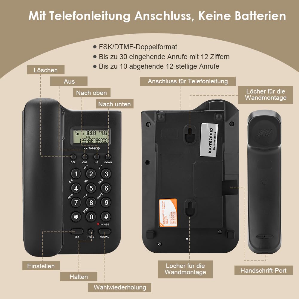 Ejoyous Telefon przewodowy, stały dla seniorów, analogowy, duży przycisk, bardzo głośna głośność, powtórzenie wyboru, biuro, dom(czarny)