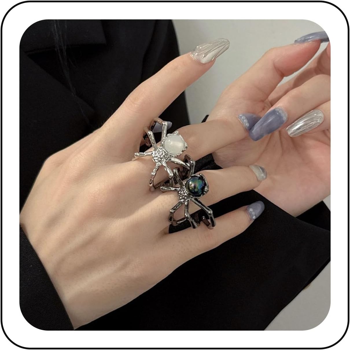 Gothic Spider Rings Halloween Black Silver Spider Statement Rings Adjustable Opal Spider Open Band Rings Jewel Rings Costume Party Gifts for Women and Girls