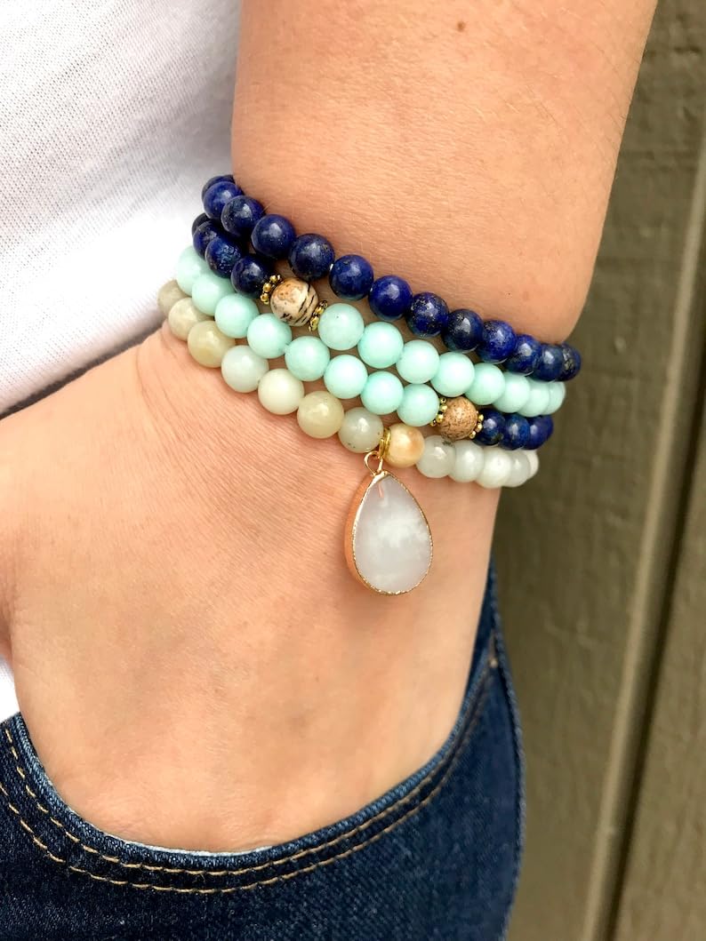 Naturalny amazonit i lapis lazuli 8 mm 108 koralików mala, duchowe, koraliki medytacyjne, Reiki, Japa Mala, buddyjskie koraliki modlitewne, bransoletka do jogi, koraliki lecznicze