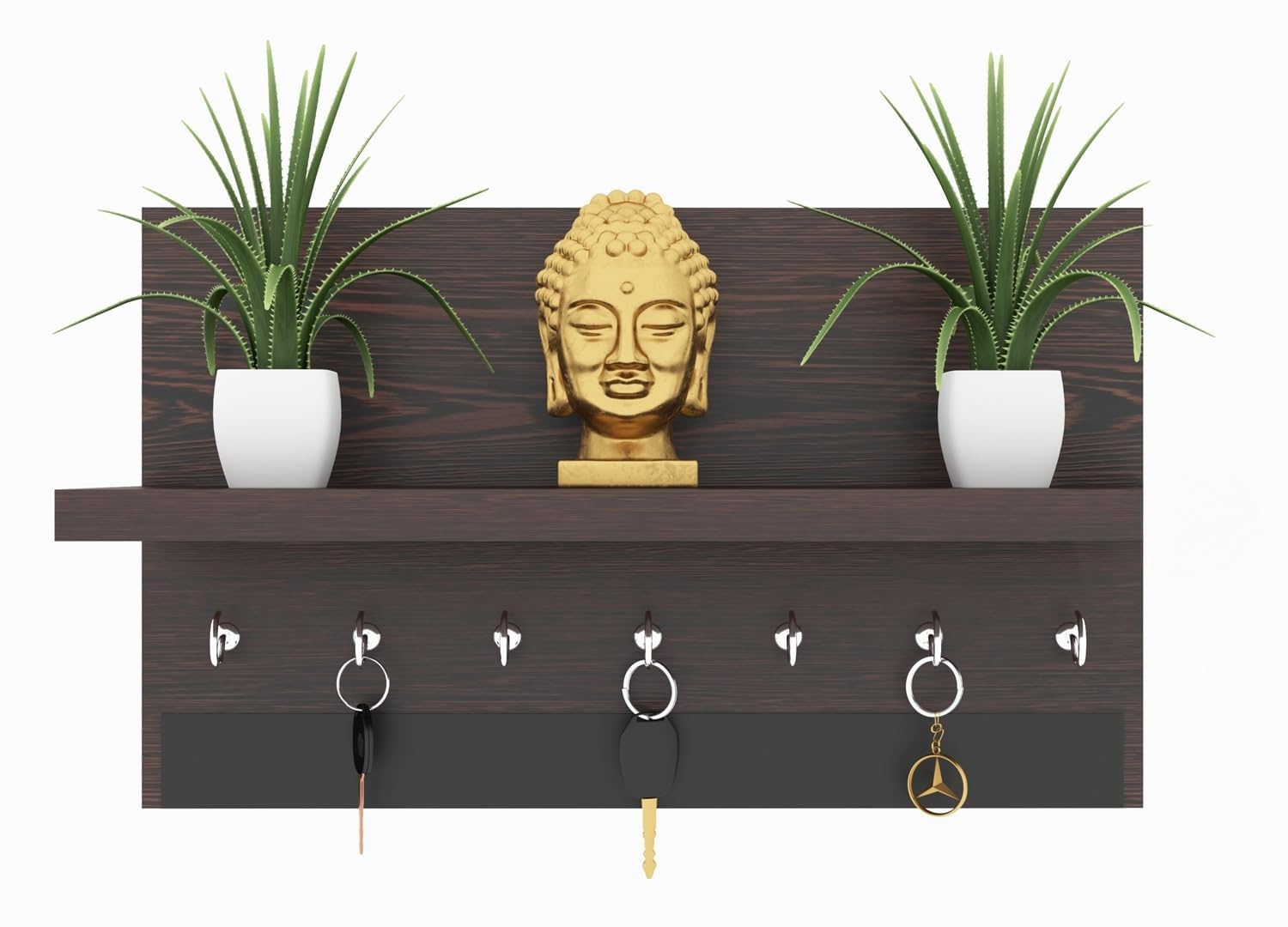 Wall Mounted Key Holder Shelf with 7 Hooks, Black Wood Finish, Space-Saving Design (BROWN)